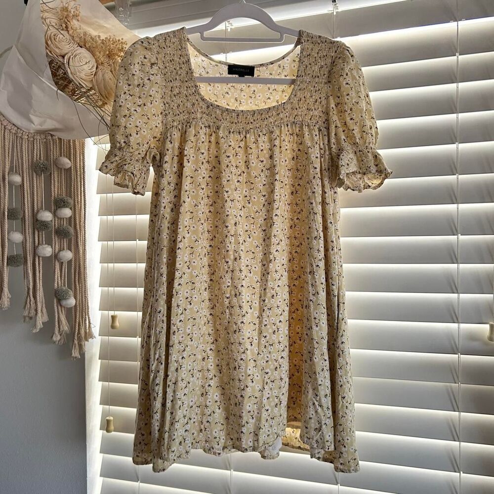 Majorelle Cream Ditsy Floral Smocked Mini babydoll Dress Small Cottagecore